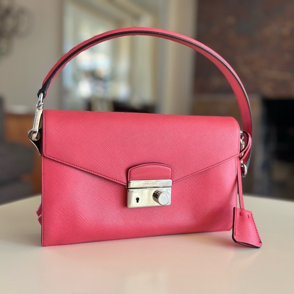 PRADA Saffiano Lux Sound Shoulder Bag Pink Clutch Silver - Picture 11 of 16